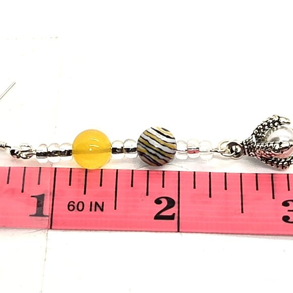 Yellow bead with swirls and dragon claw charm with faux pearl, Dangle Earrings - Picture 2 of 7